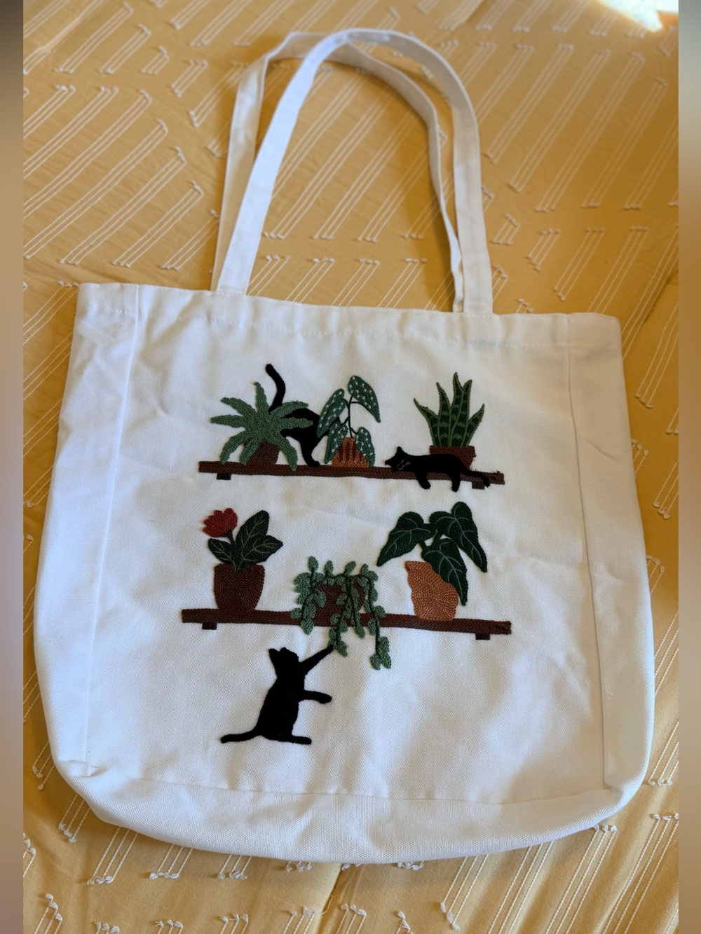 White Canvas Tote with Green Plant and Black Cat Embroidery
